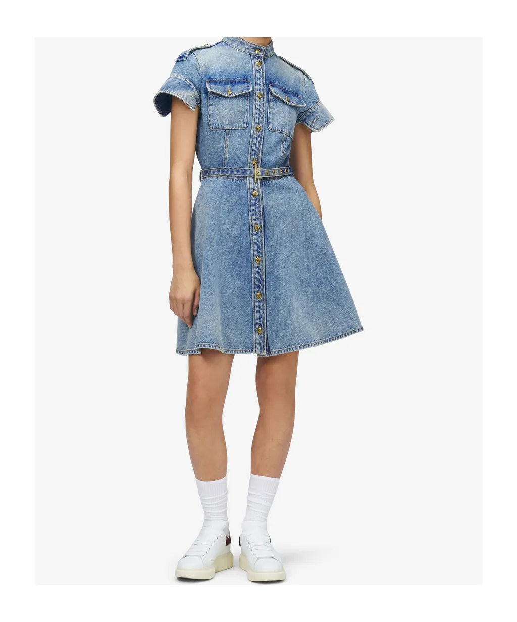 Denim Mini Dress In Washed Blue