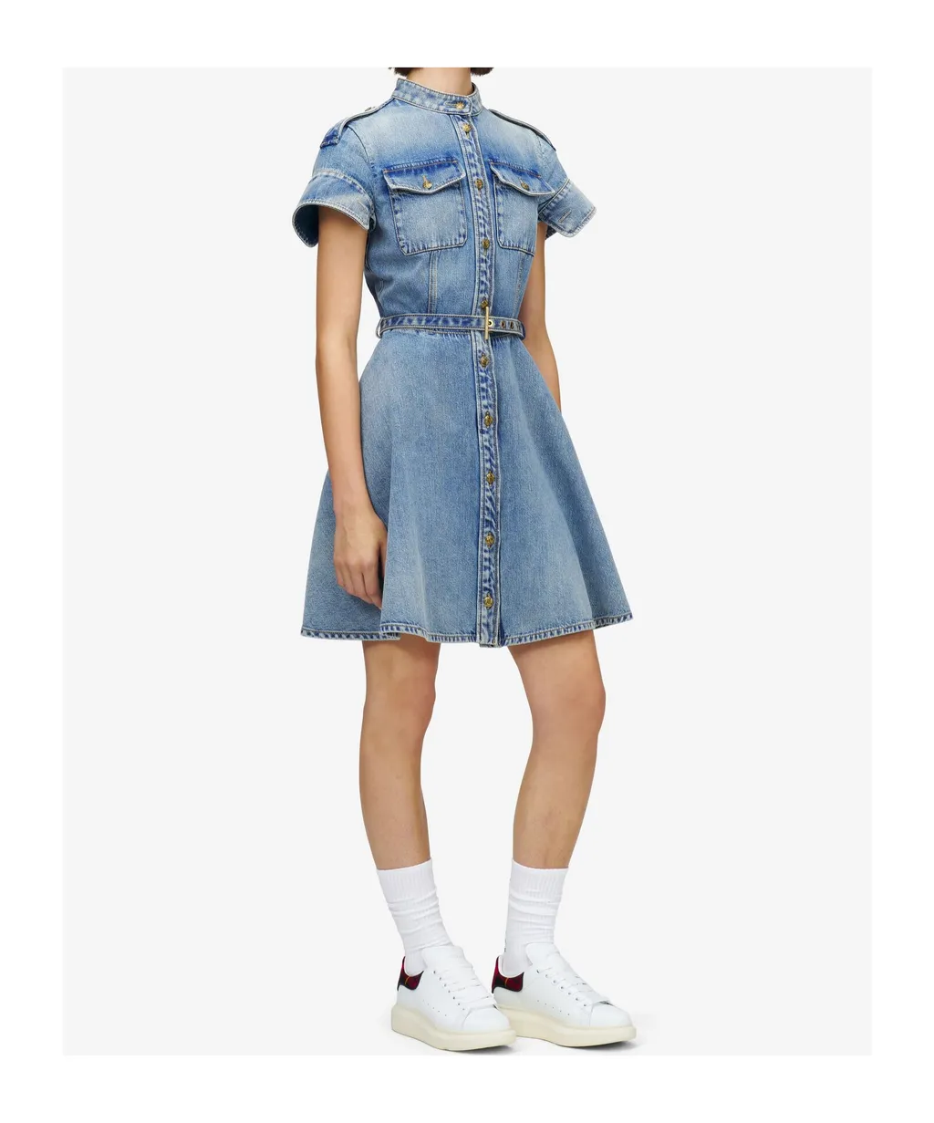 Denim Mini Dress In Washed Blue