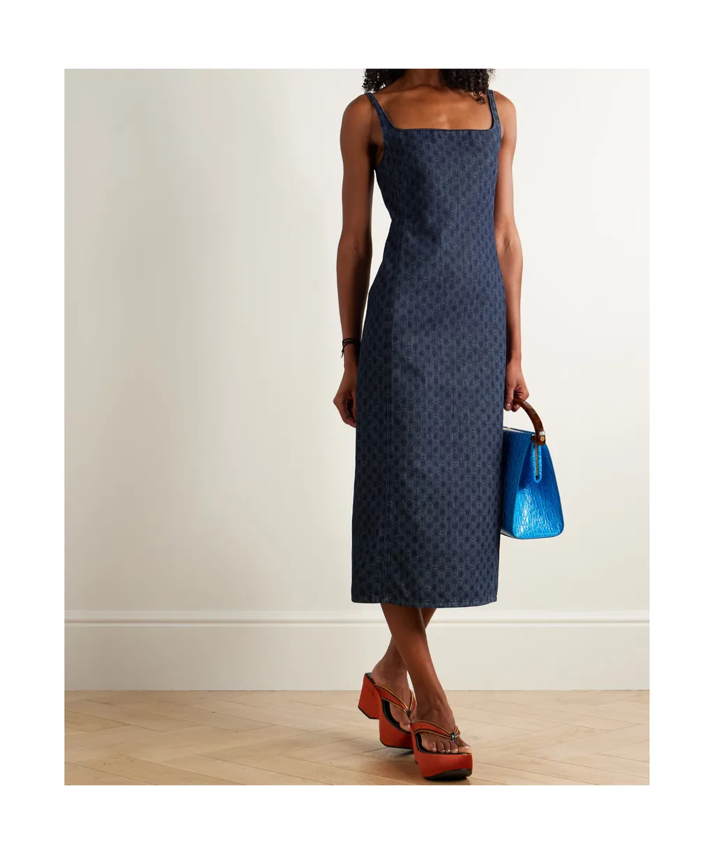 Printed Denim Midi Dress