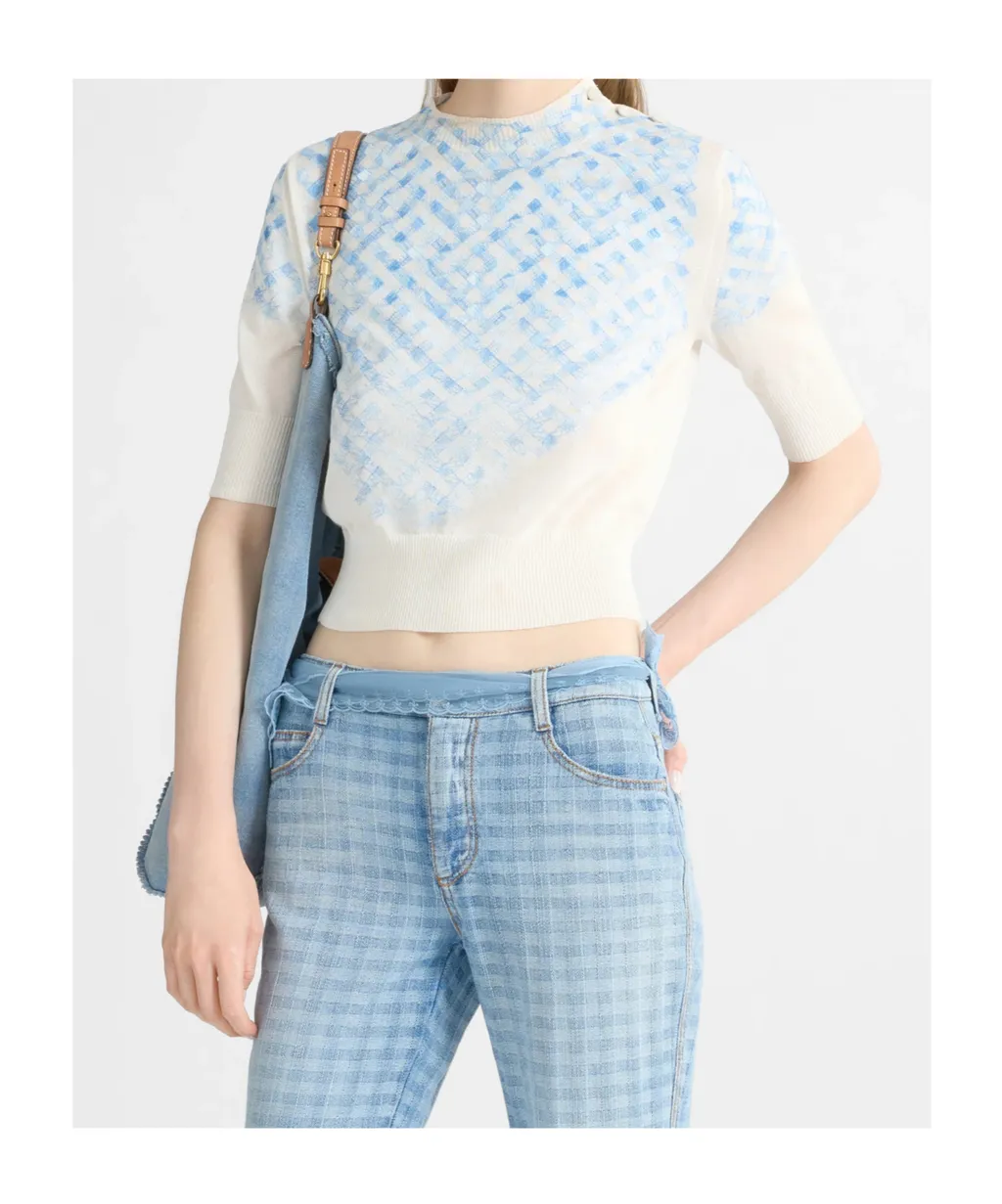 Filo Di Scozia Cotton T-Shirt With Faded Micro Vichy Embroidery