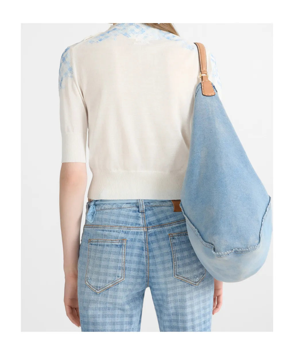 Filo Di Scozia Cotton T-Shirt With Faded Micro Vichy Embroidery