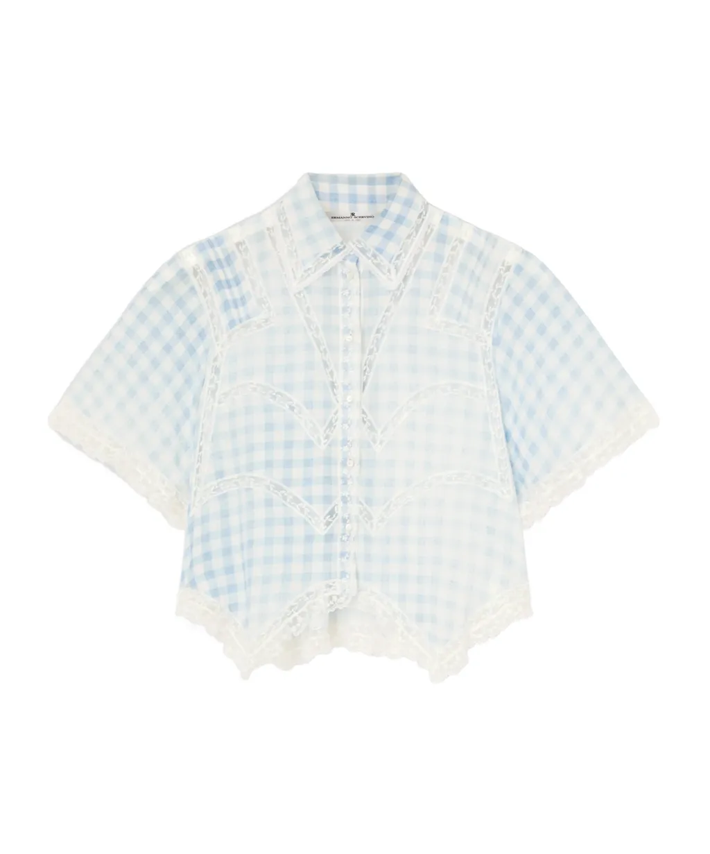 Cropped Silk Shirt With Blue Vichy Print And Valencienne Lace