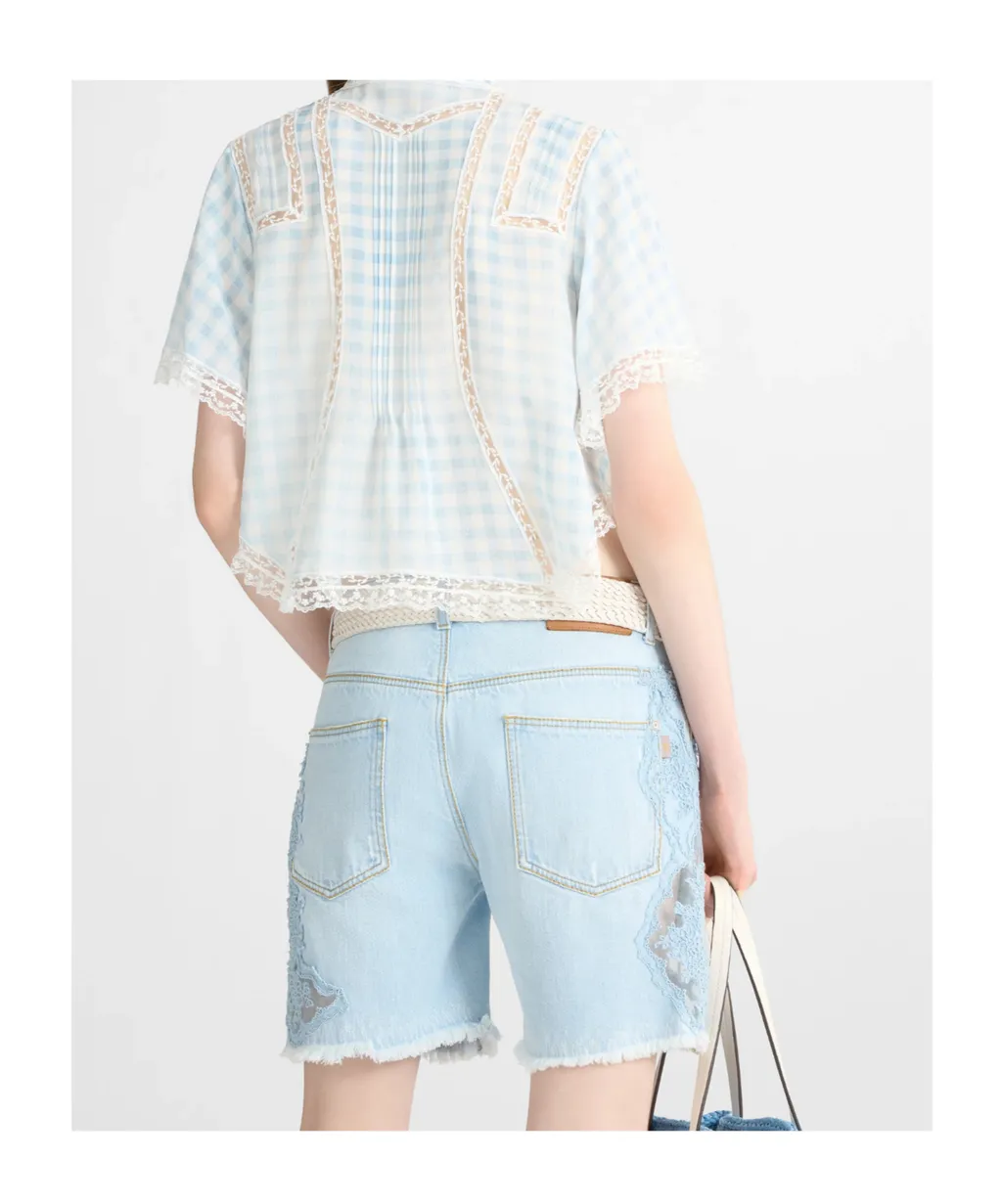 Cropped Silk Shirt With Blue Vichy Print And Valencienne Lace
