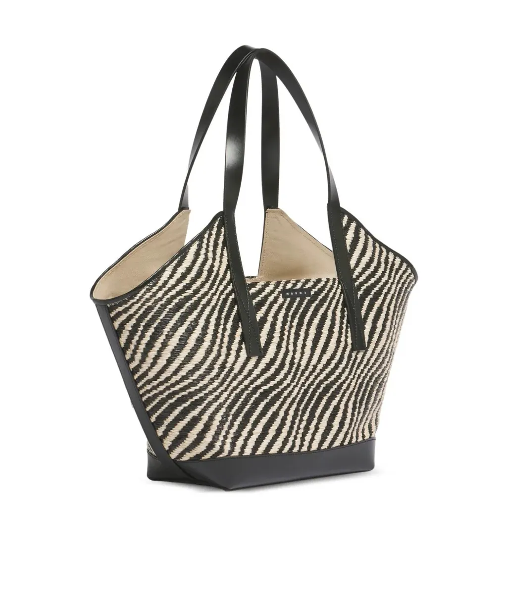Black Raffia-Effect Waves Small Tote Bag