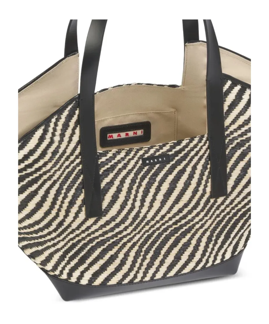 Black Raffia-Effect Waves Small Tote Bag