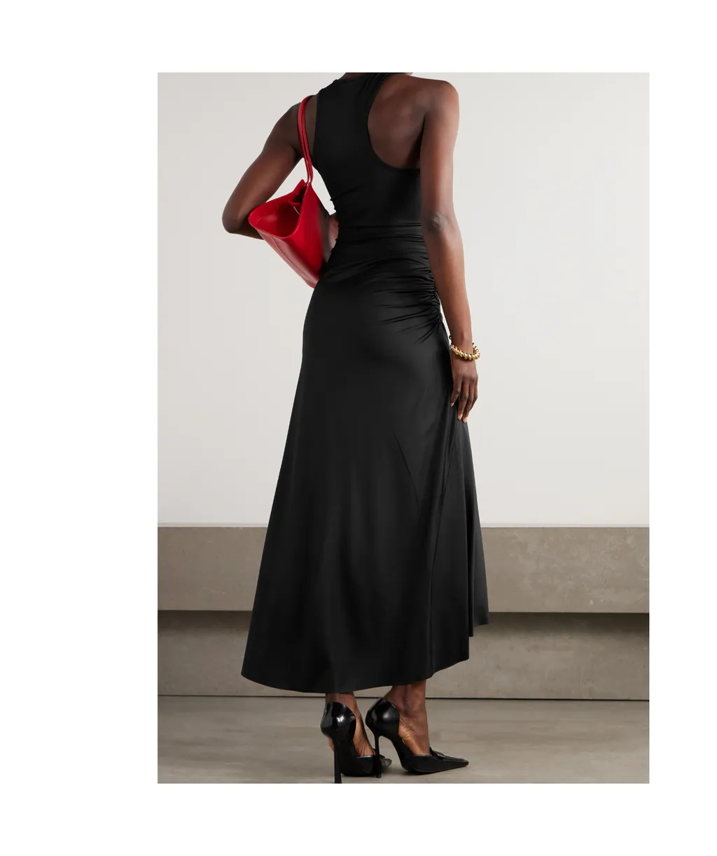 Asymmetric Ruched Satin-Jersey Midi Dress