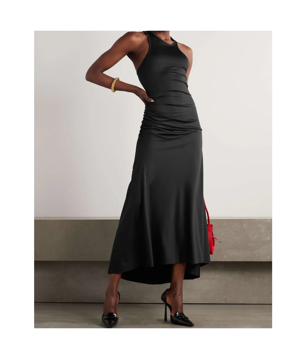 Asymmetric Ruched Satin-Jersey Midi Dress