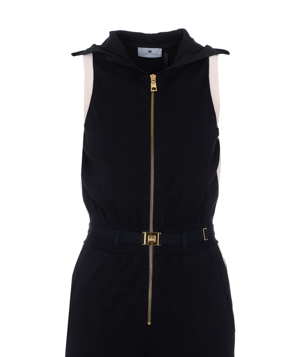 Elisabetta Franchi Belted Waist Hooded Knit Sleeveless Jumpsuit