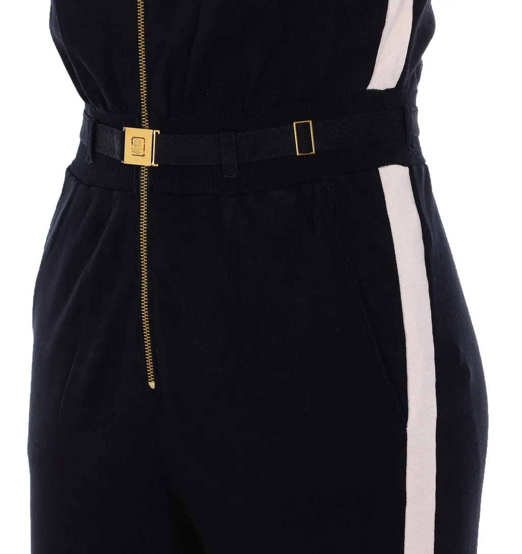 Elisabetta Franchi Belted Waist Hooded Knit Sleeveless Jumpsuit