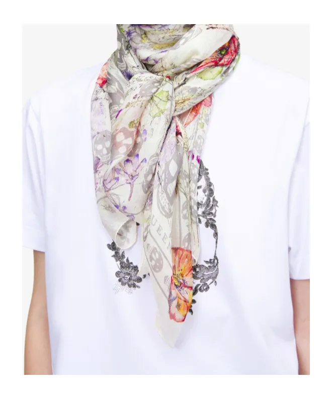 Skull & Spider Floral Scarf In Ivory/Grey