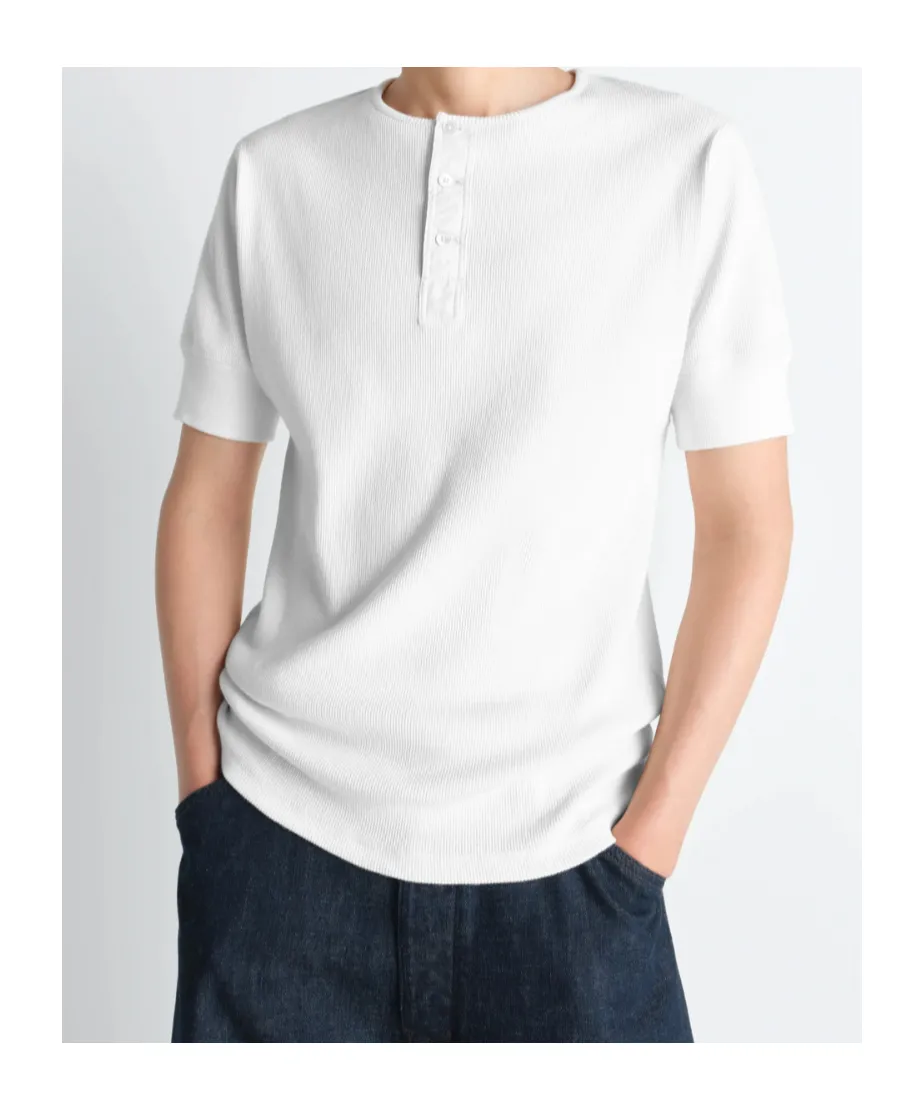 Rib Henley Top In Cotton Linen Rib Jersey