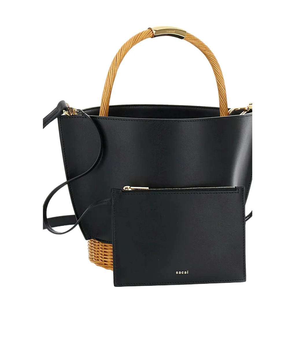 Sacai Logo Printed Woven Handle Bucket Bag