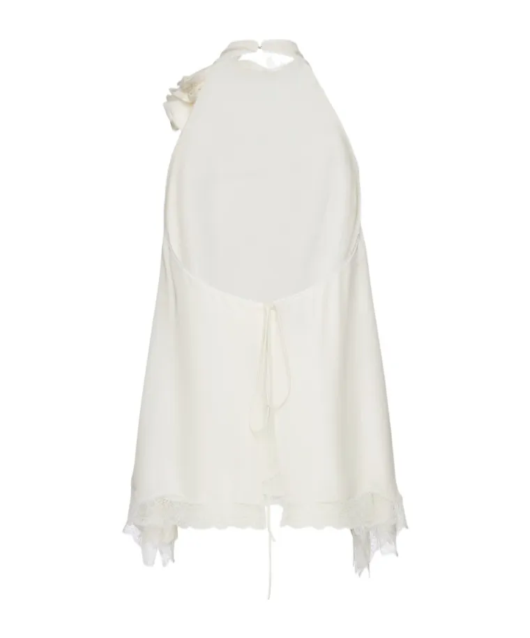 Silk Open-Back Lace-Trim Blouse In Cream