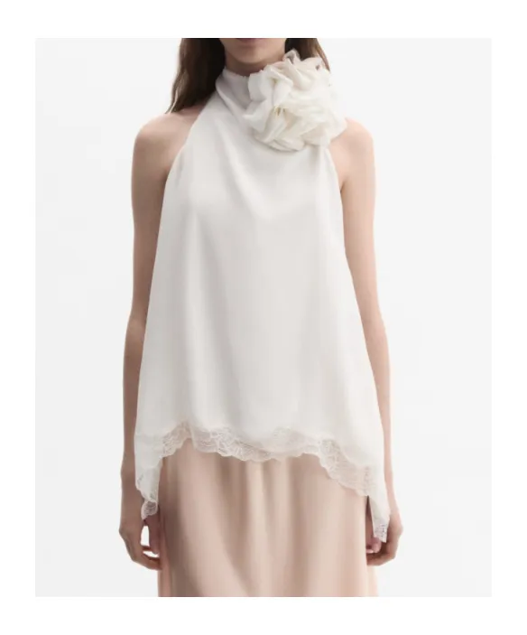 Silk Open-Back Lace-Trim Blouse In Cream