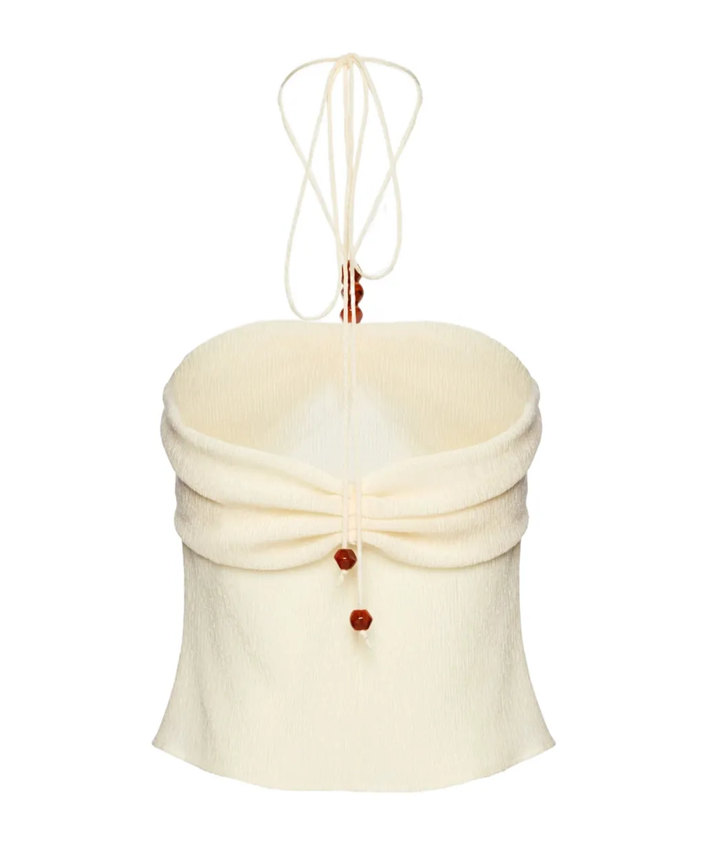 Draped Halterneck Top With Beads In Cream