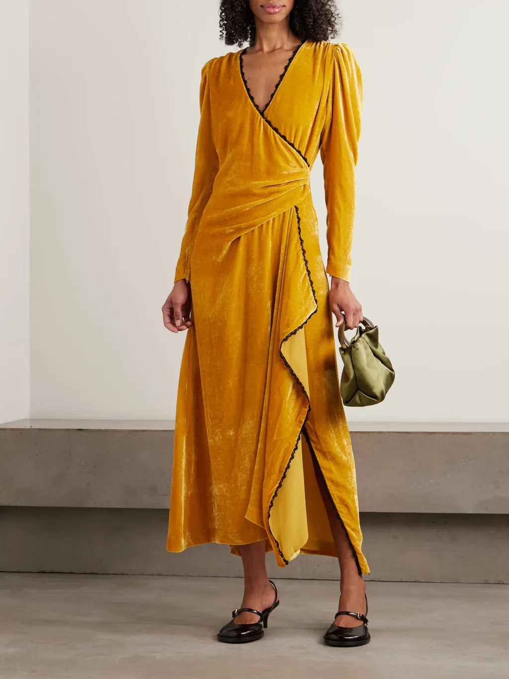 Wrap-Style Long Dress With Draped Lace Trim