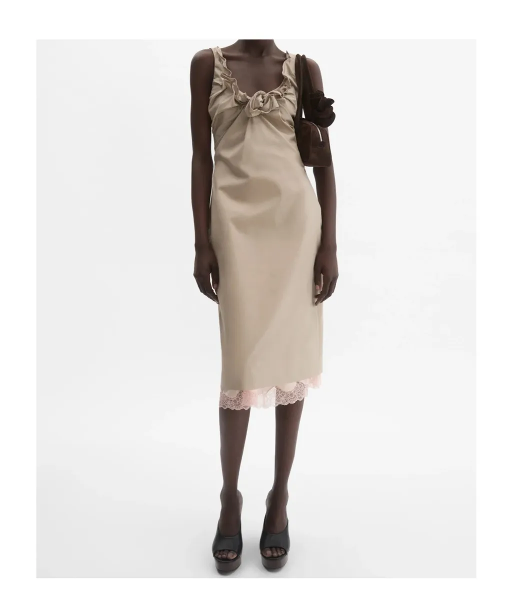 Sleeveless Dress With Draped Neckline In Beige