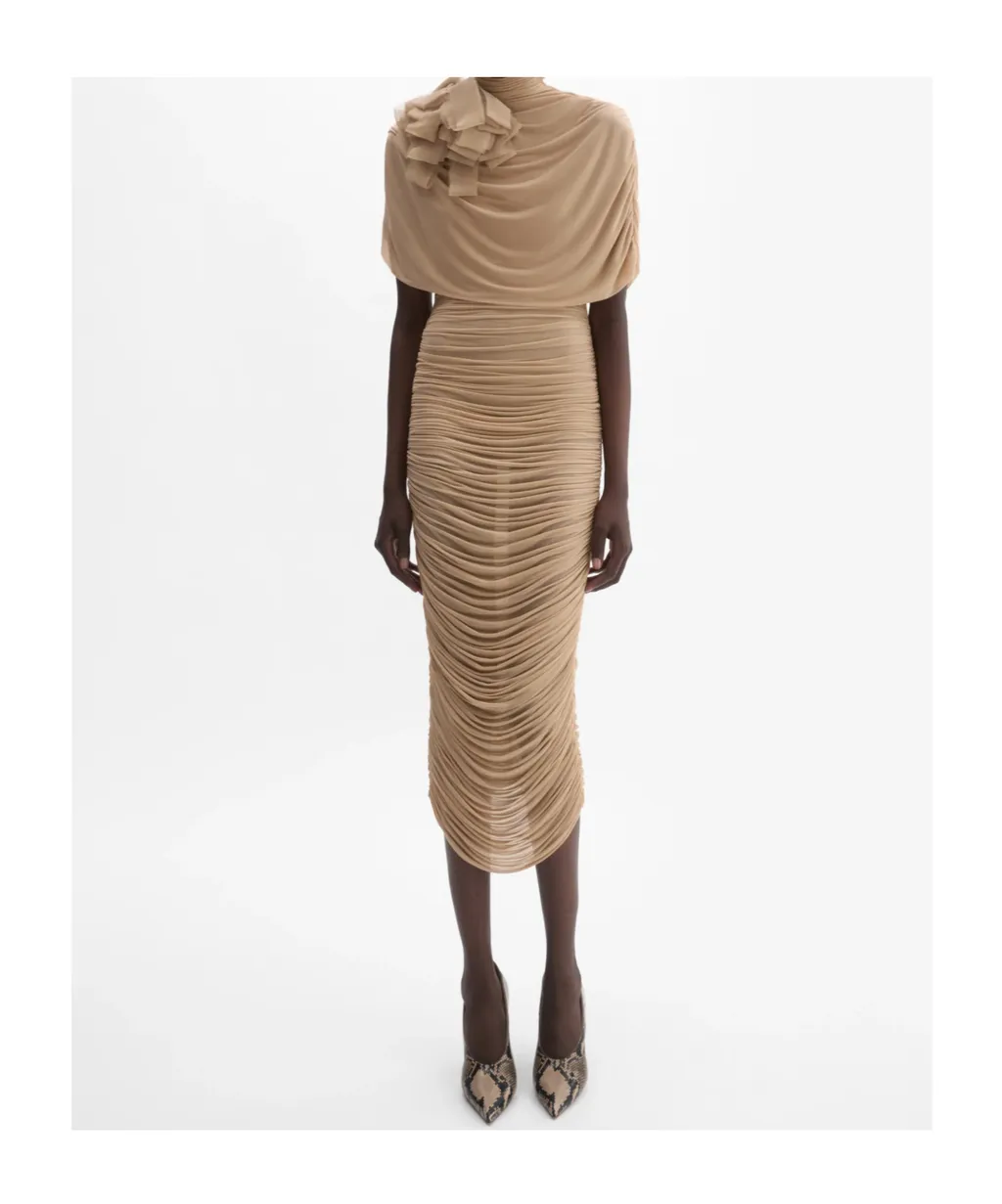 Draped Cape-Effect Midi Dress In Beige