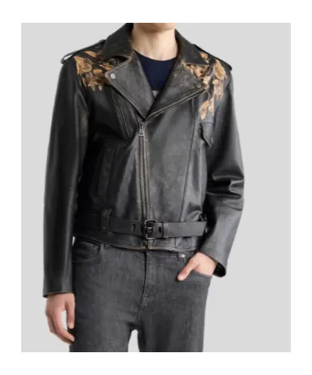 Leather Biker Jacket With Placed Leopard Print