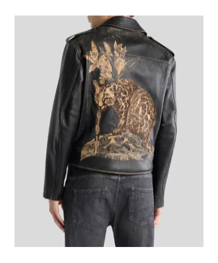 Leather Biker Jacket With Placed Leopard Print