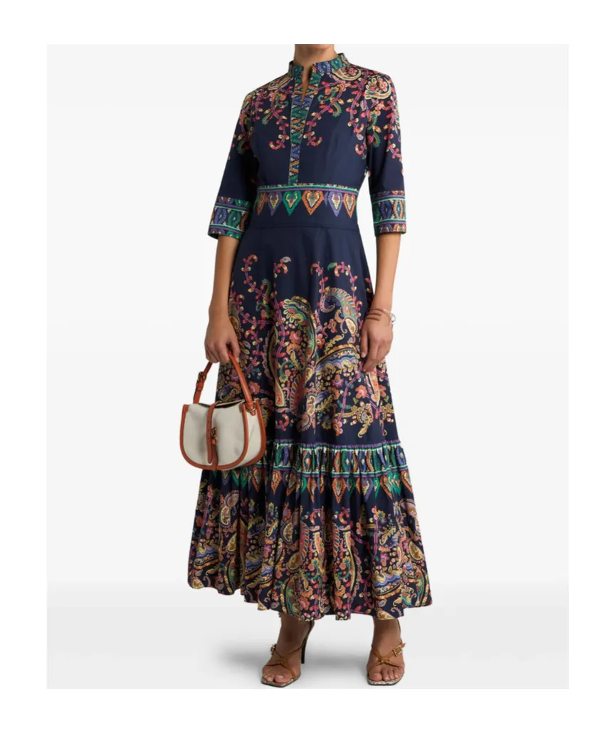 Long Cotton Dress With Placed Floral Paisley Print