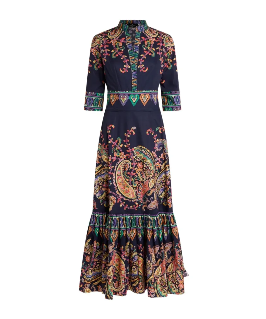 Long Cotton Dress With Placed Floral Paisley Print