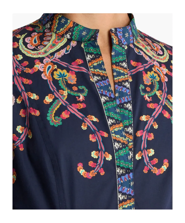 Long Cotton Dress With Placed Floral Paisley Print