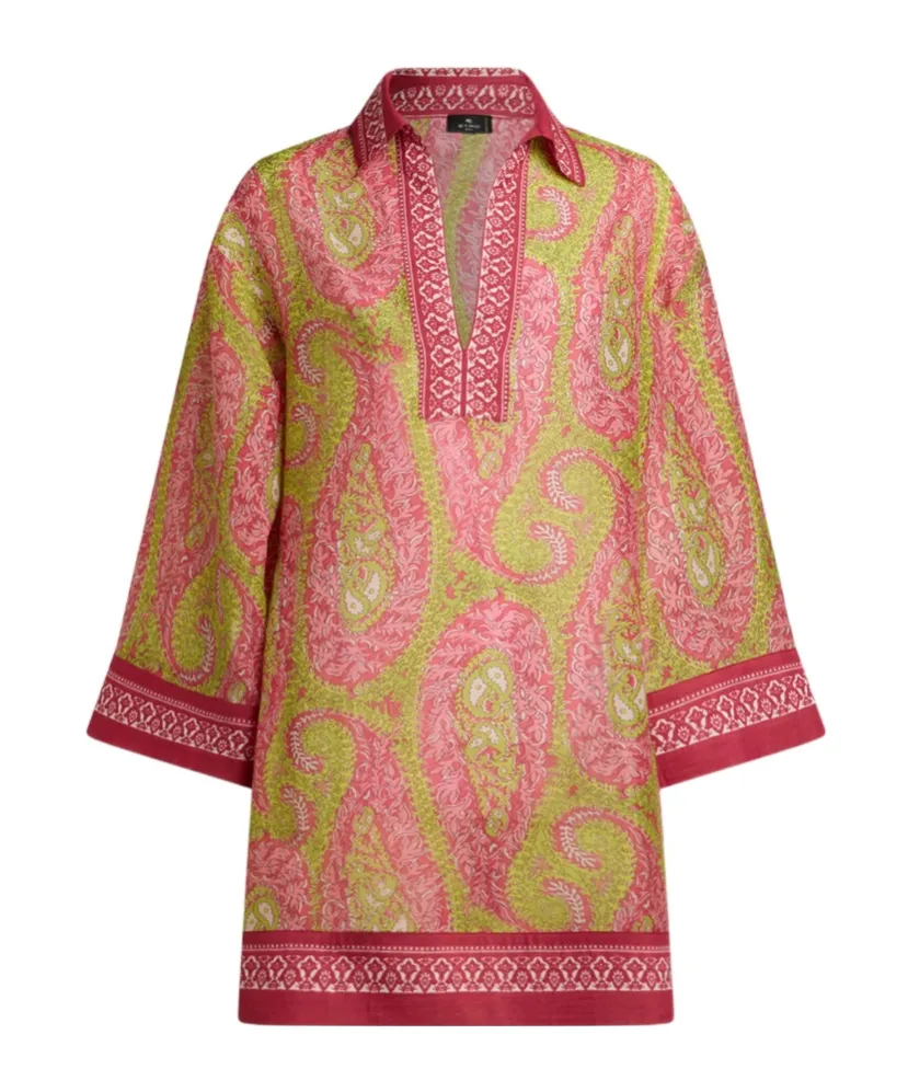 Cover-Up Mini Dress In Cotton-Blend Fabric With Paisley Foliage Motif