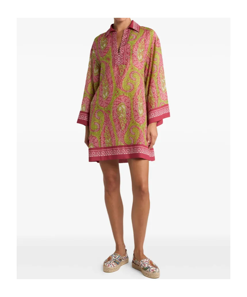 Cover-Up Mini Dress In Cotton-Blend Fabric With Paisley Foliage Motif
