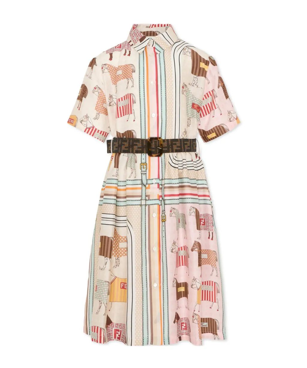 Horse-Motif Striped Cotton Dress
