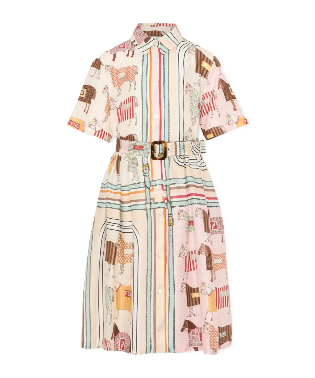 Horse-Motif Striped Cotton Dress