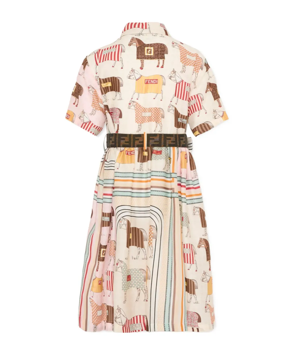 Horse-Motif Striped Cotton Dress
