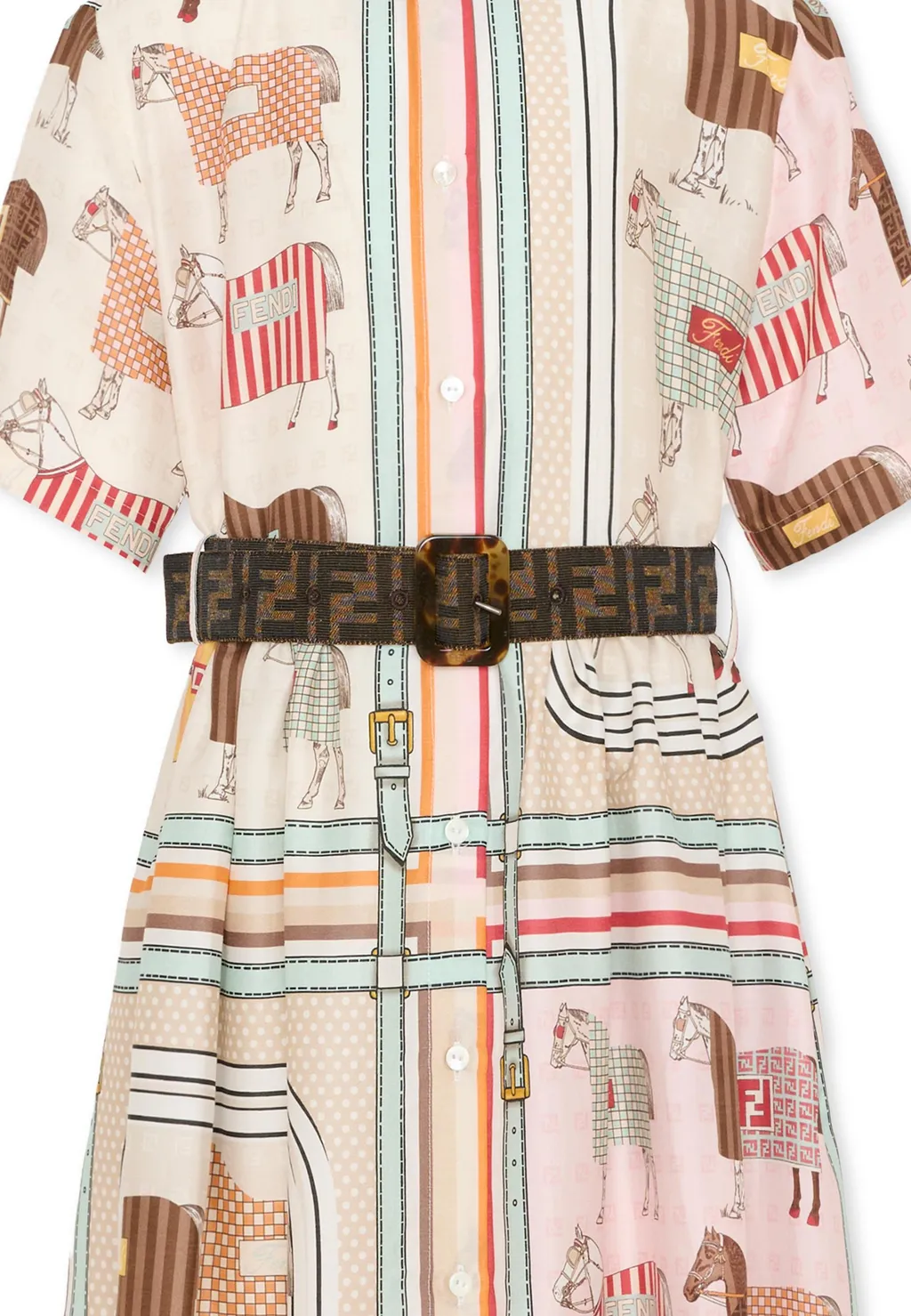 Horse-Motif Striped Cotton Dress
