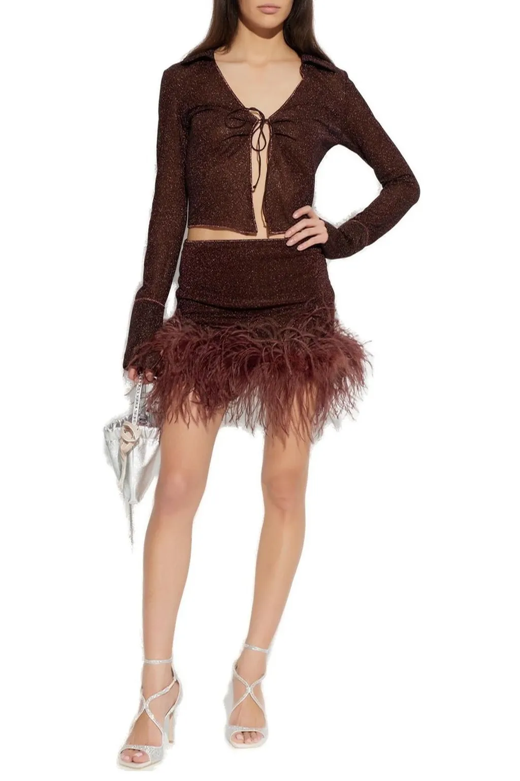 Osree Lurex Thread Feather-Detailed Skirt
