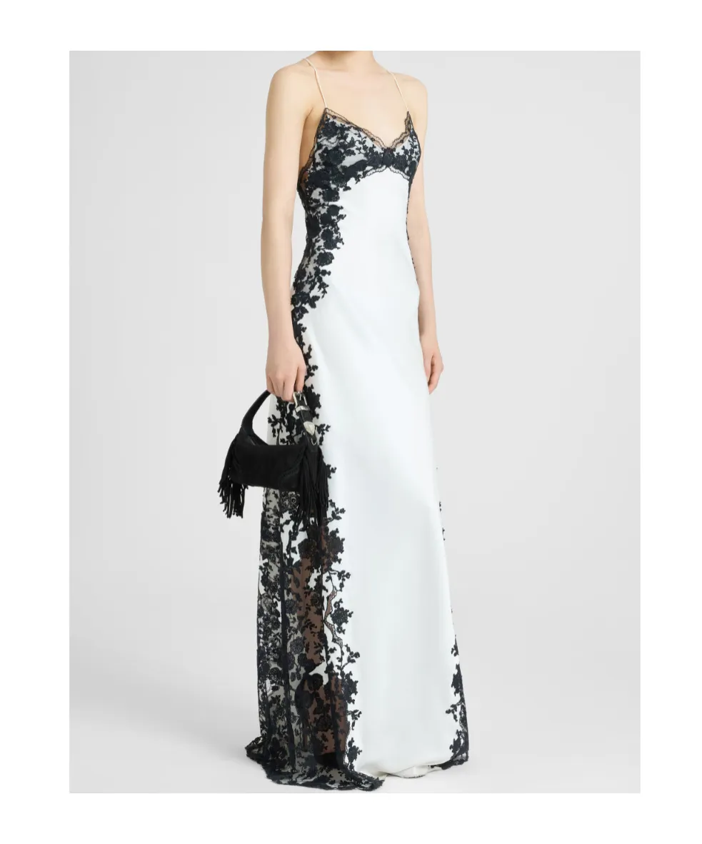 Long Lingerie-Style Dress In Pure Silk Satin With Rebrodé Lace