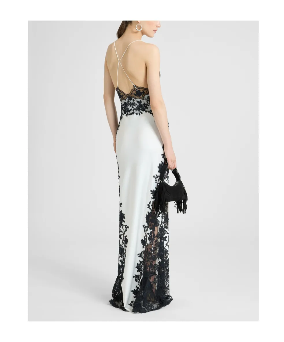Long Lingerie-Style Dress In Pure Silk Satin With Rebrodé Lace