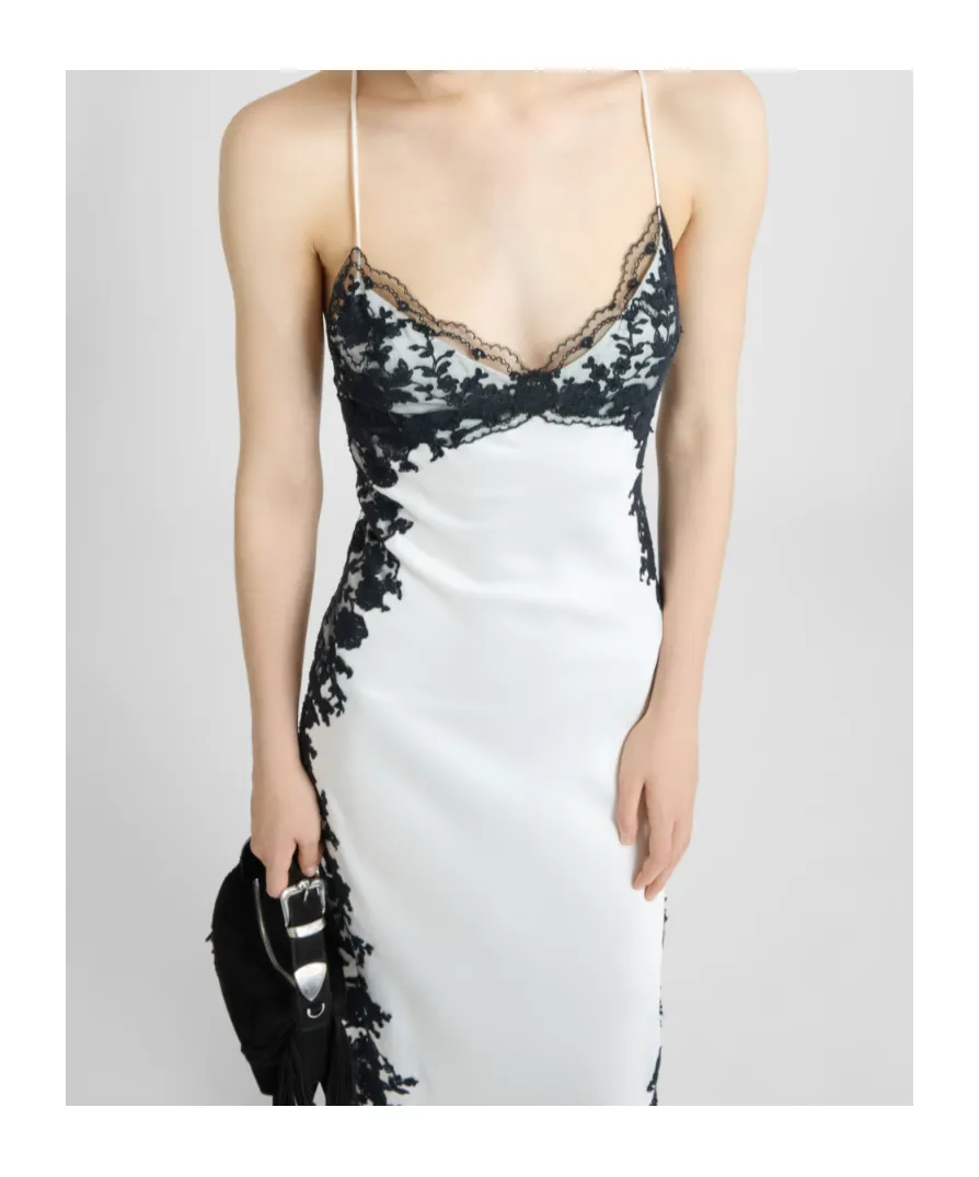 Long Lingerie-Style Dress In Pure Silk Satin With Rebrodé Lace