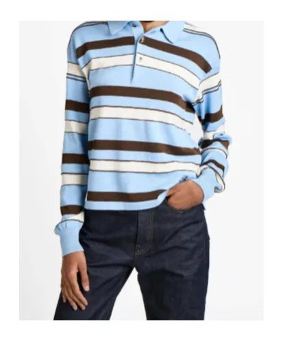 Knitted Striped Rugby Polo Top In Misty Blue
