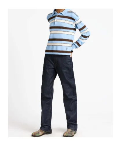 Knitted Striped Rugby Polo Top In Misty Blue
