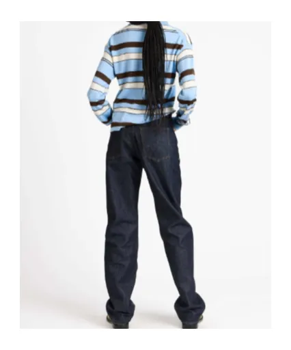Knitted Striped Rugby Polo Top In Misty Blue