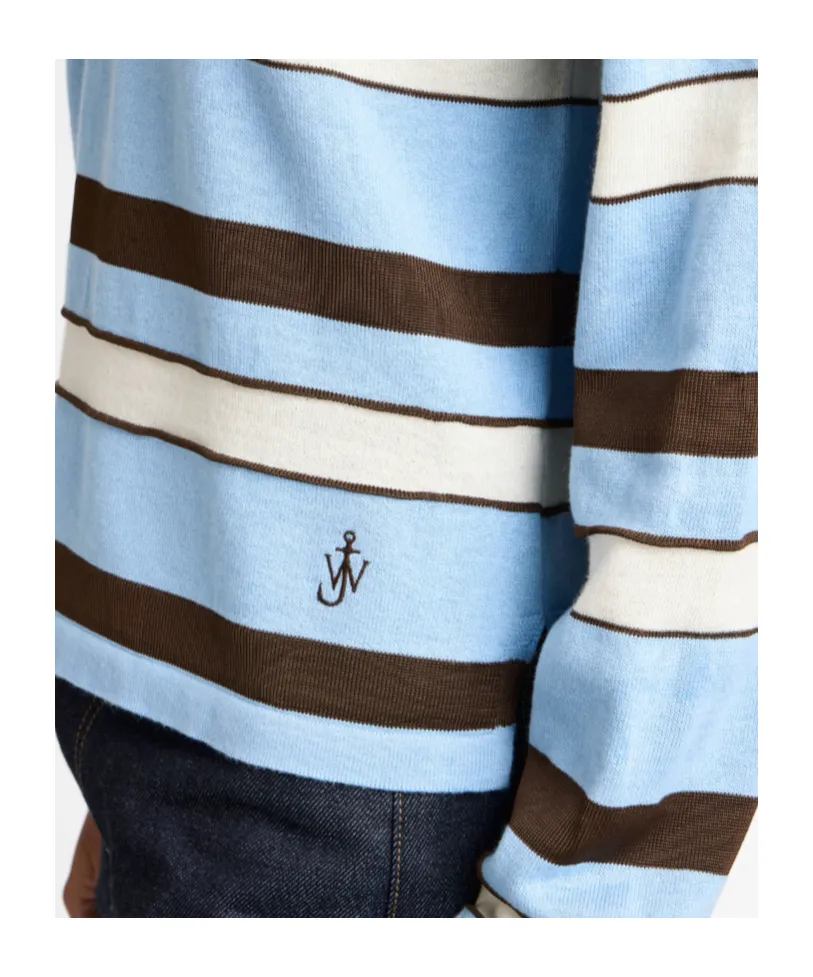 Knitted Striped Rugby Polo Top In Misty Blue