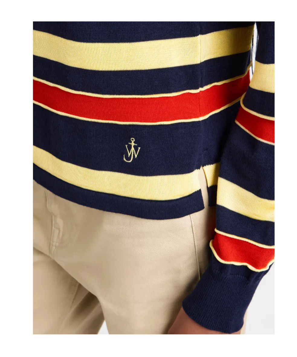 Knitted Striped Rugby Polo Top In Navy