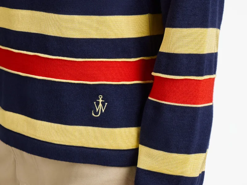 Knitted Striped Rugby Polo Top In Navy