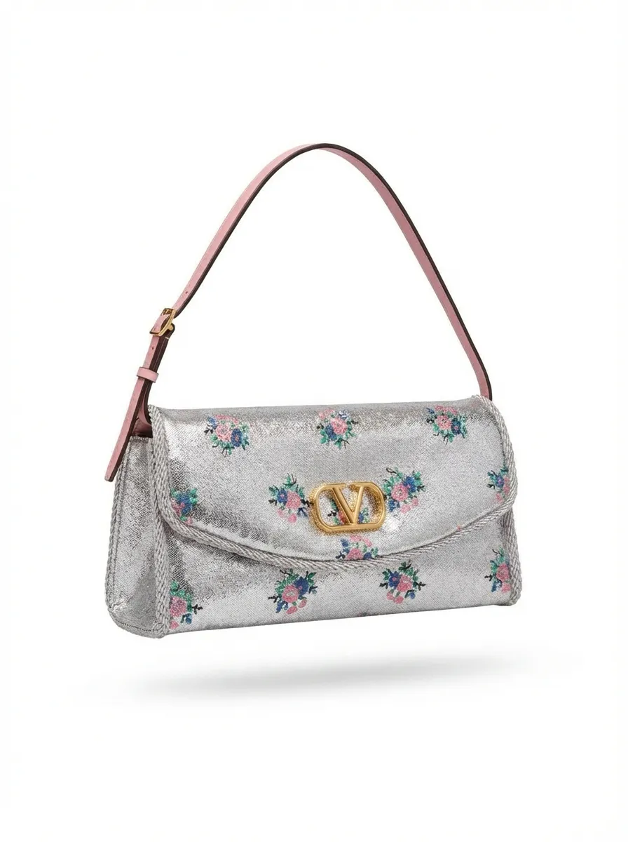 Valentino Garavani Devain Small Shoulder Bag In Floral Jacquard Lurex Fabric