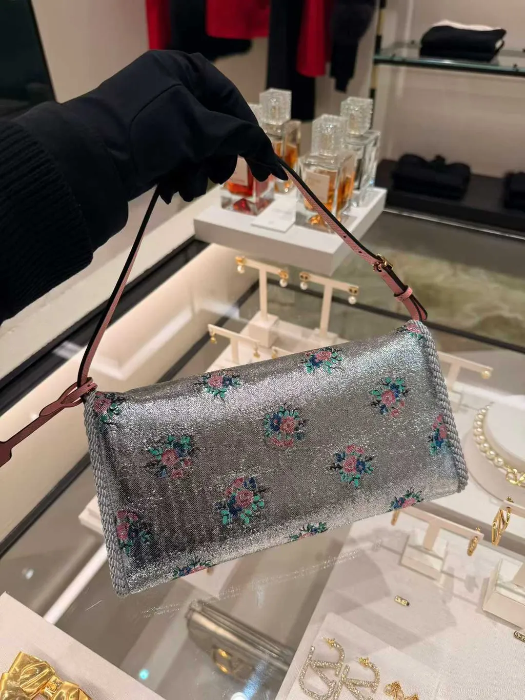 Valentino Garavani Devain Small Shoulder Bag In Floral Jacquard Lurex Fabric