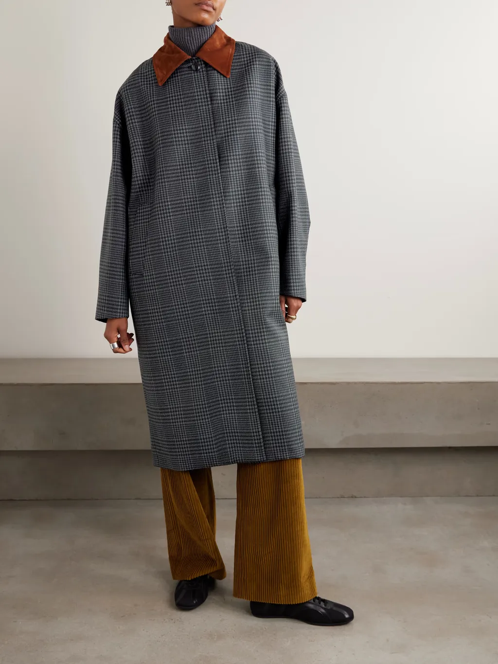Suede-Trimmed Checked Wool Coat