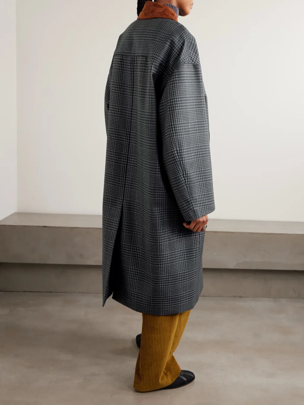 Suede-Trimmed Checked Wool Coat