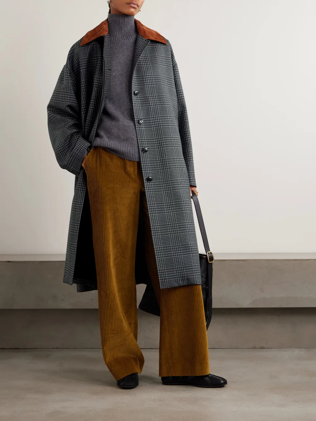 Suede-Trimmed Checked Wool Coat