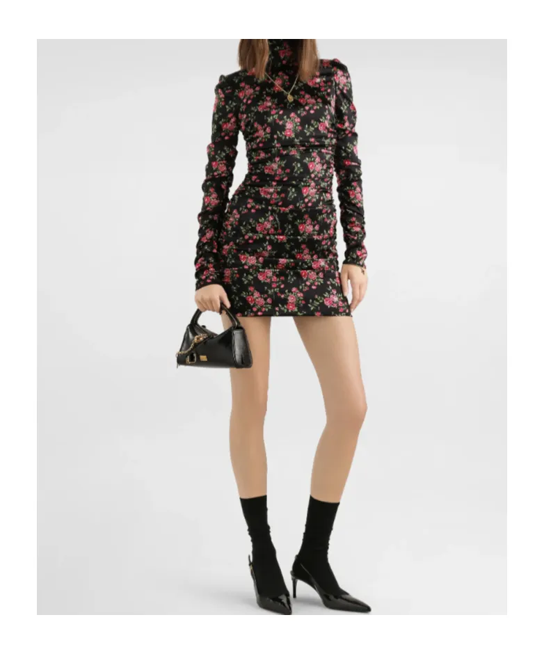 Small Rose Bouquets-Print Long Satin Dress