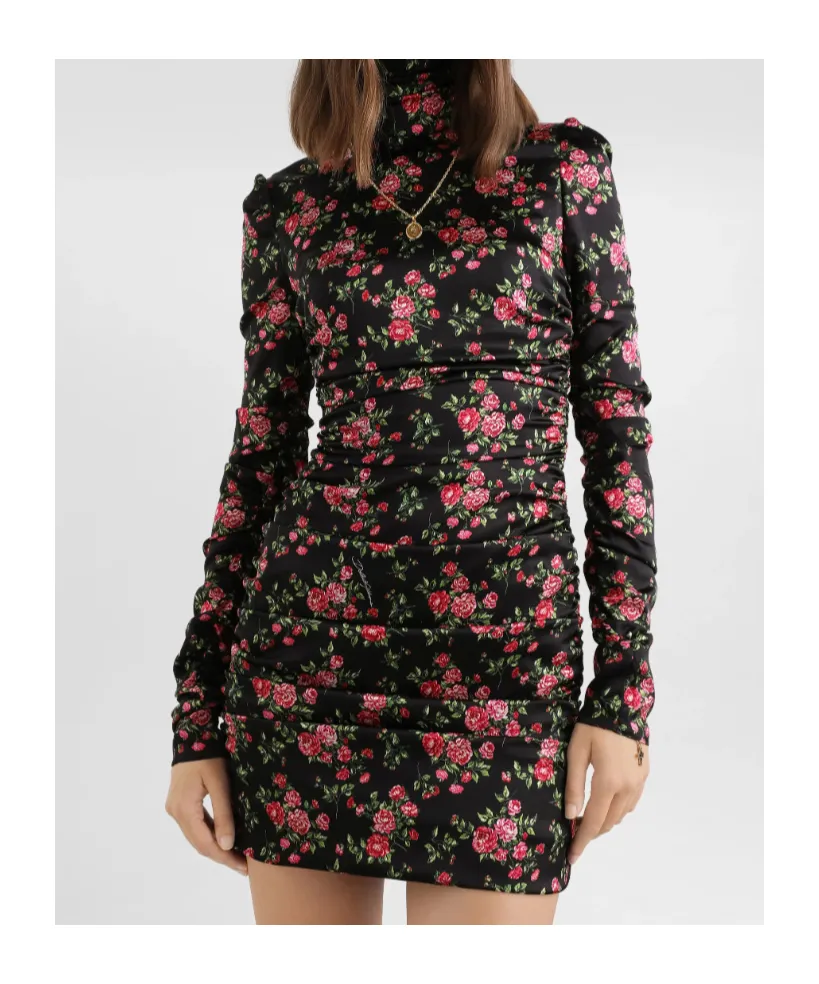 Small Rose Bouquets-Print Long Satin Dress